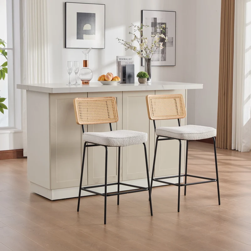 Lot de 2 tabourets de bar chenille bouclette beige dossier en rotin et repose-pieds FABRIC CART