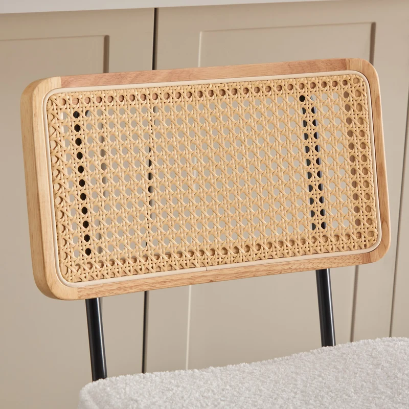 Lot de 2 tabourets de bar chenille bouclette beige dossier en rotin et repose-pieds FABRIC CART