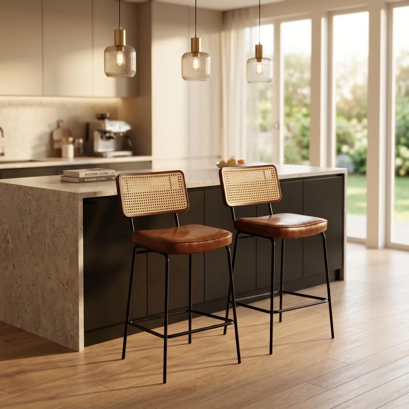 Lot de 2 tabourets de bar simili cuir marron, dossier en rotin et repose-pieds FABRIC CABINET