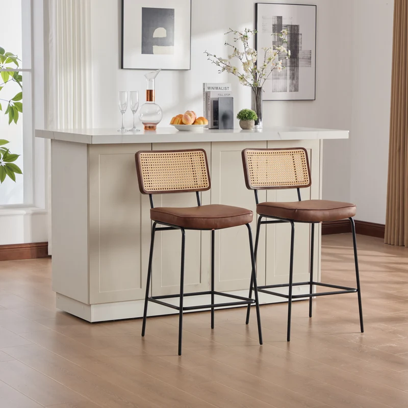 Lot de 2 tabourets de bar simili cuir marron, dossier en rotin et repose-pieds FABRIC CABINET