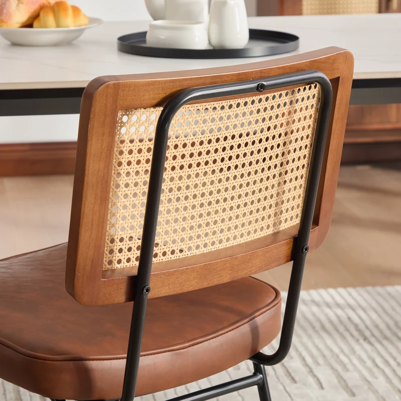 Lot de 2 chaises de salle à manger vintage dossier en rotin et PU marron pieds noirs FABRIC BOX