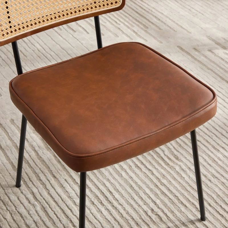 Lot de 2 chaises de salle à manger vintage dossier en rotin et PU marron pieds noirs FABRIC BOX