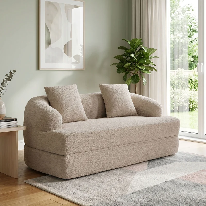 Canapé-lit convertible en chenille beige sans montage 157x84cm CLASSICPINESTYLE