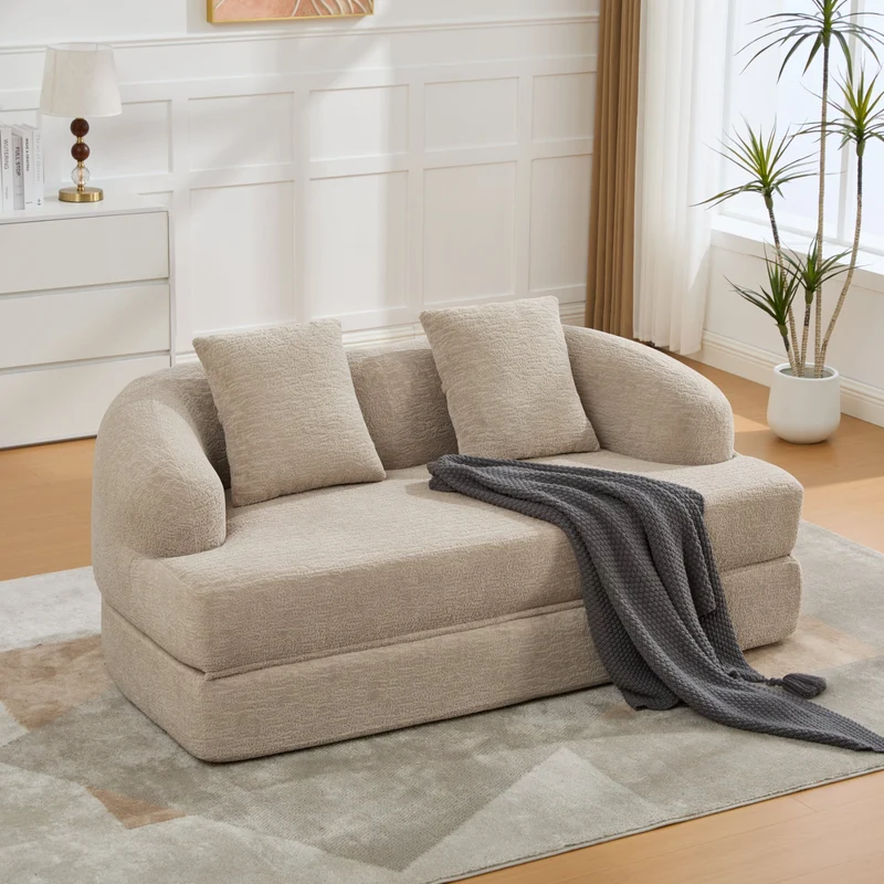 Canapé-lit convertible en chenille beige sans montage 157x84cm CLASSICPINESTYLE