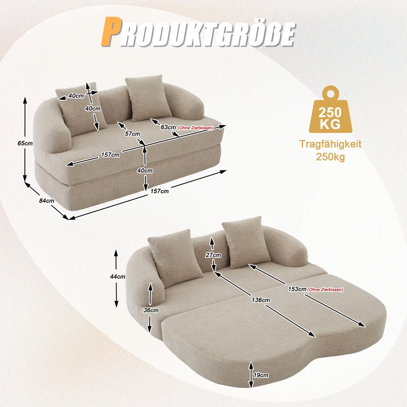Canapé-lit convertible en chenille beige sans montage 157x84cm CLASSICPINESTYLE