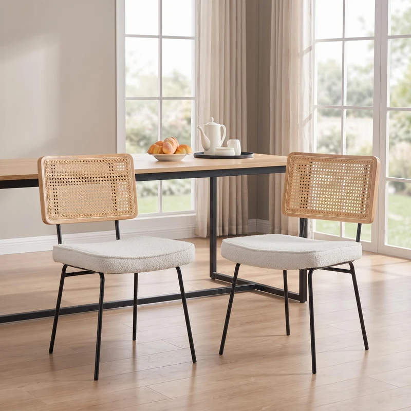 Lot de 2 chaises de salle à manger dossier en rotin et chenille bouclette ivoire pieds noirs FABRIC BENCH