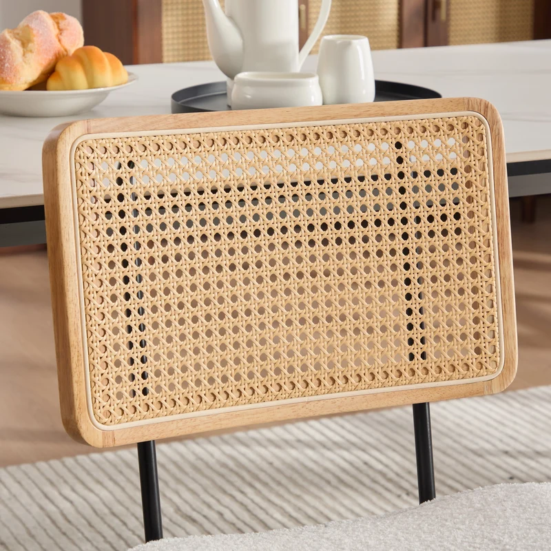 Lot de 2 chaises de salle à manger dossier en rotin et chenille bouclette ivoire pieds noirs FABRIC BENCH