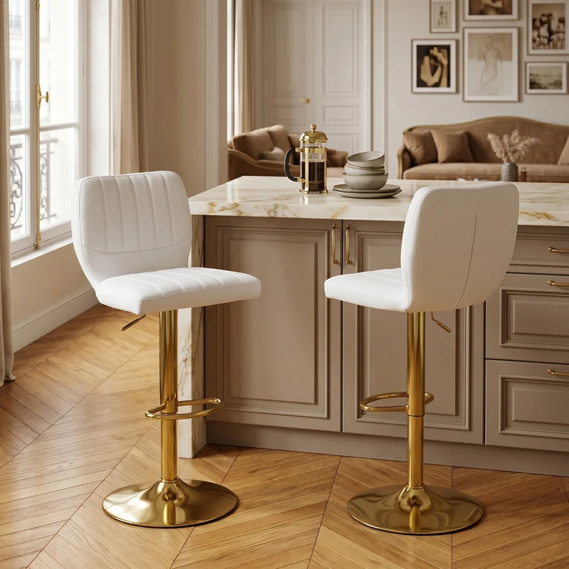 Lot de 2 tabourets de bar simili cuir blanc et doré, pivotant 360° et repose-pieds CLASSICORGANIZERHOME