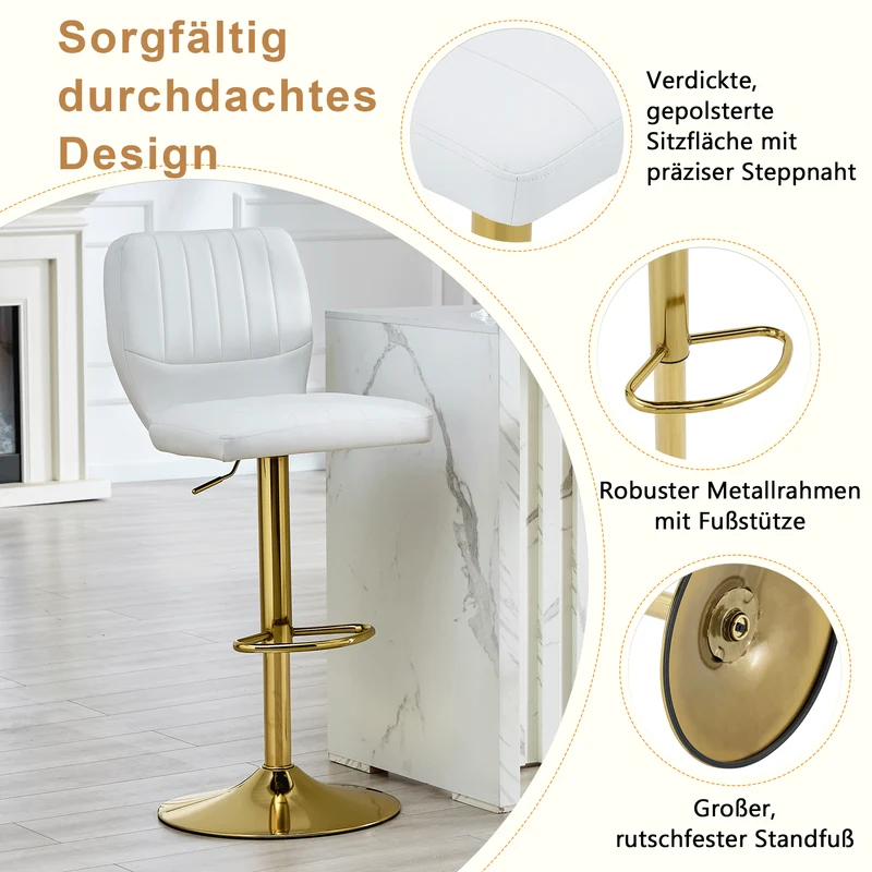 Lot de 2 tabourets de bar simili cuir blanc et doré, pivotant 360° et repose-pieds CLASSICORGANIZERHOME