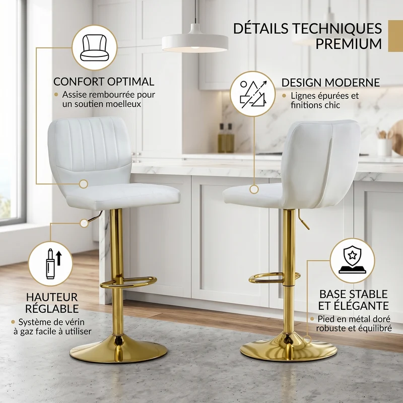 Lot de 2 tabourets de bar simili cuir blanc et doré, pivotant 360° et repose-pieds CLASSICORGANIZERHOME