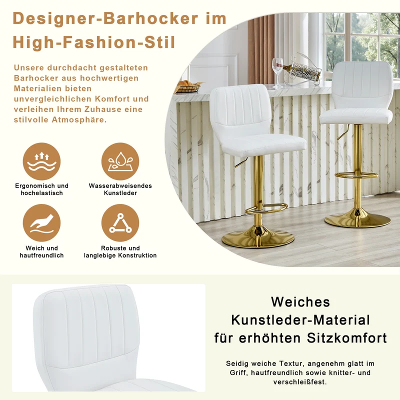 Lot de 2 tabourets de bar simili cuir blanc et doré, pivotant 360° et repose-pieds CLASSICORGANIZERHOME