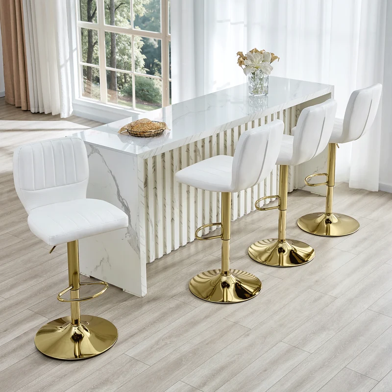 Lot de 2 tabourets de bar simili cuir blanc et doré, pivotant 360° et repose-pieds CLASSICORGANIZERHOME