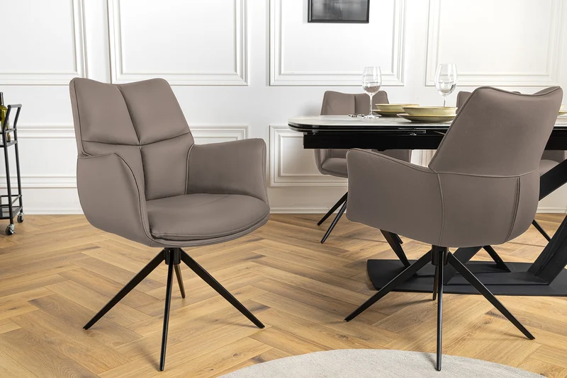 Lot de 2x chaises pivotante PAPILLON en cuir véritable marron avec accoudoirs, structure noire