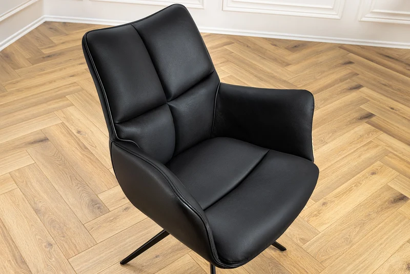 Lot de 2x chaises pivotante PAPILLON en cuir véritable noir avec accoudoirs, structure noire