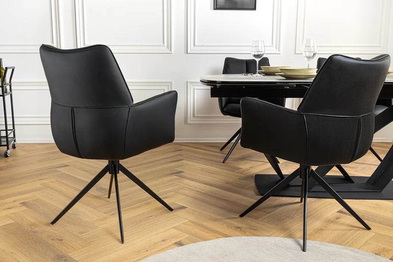 Lot de 2x chaises pivotante PAPILLON en cuir véritable noir avec accoudoirs, structure noire