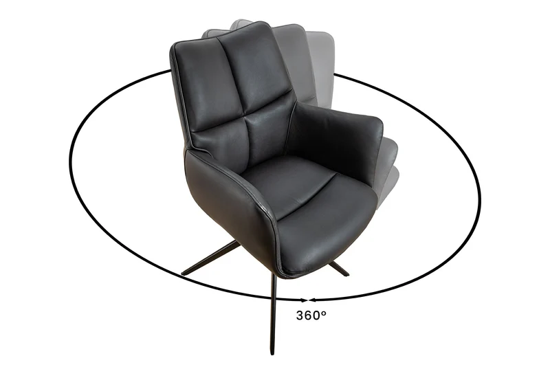 Lot de 2x chaises pivotante PAPILLON en cuir véritable noir avec accoudoirs, structure noire