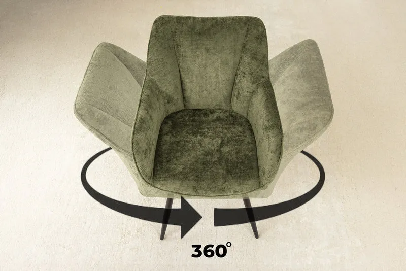 Lot de 2x chaises pivotante rétro AVIGNON chenille verte pieds métal noir