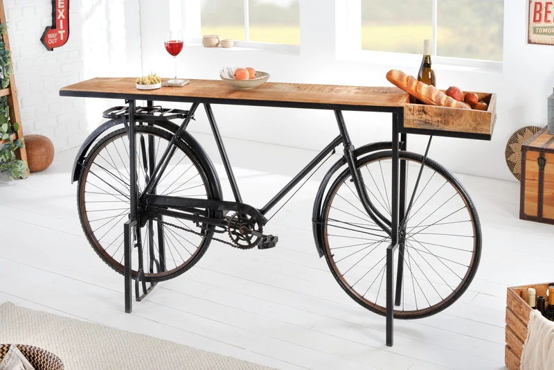 Console rétro BICYCLE 195cm table de bar vélo en bois de manguier upcycling