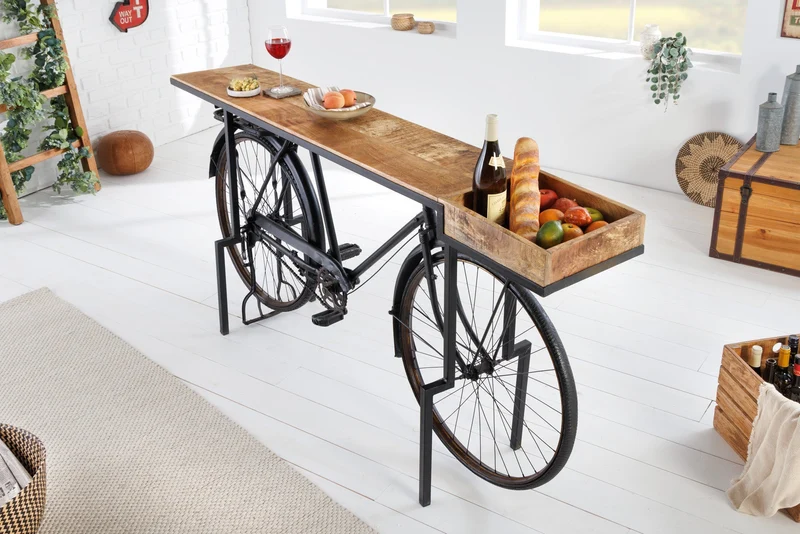 Console rétro BICYCLE 195cm table de bar vélo en bois de manguier upcycling