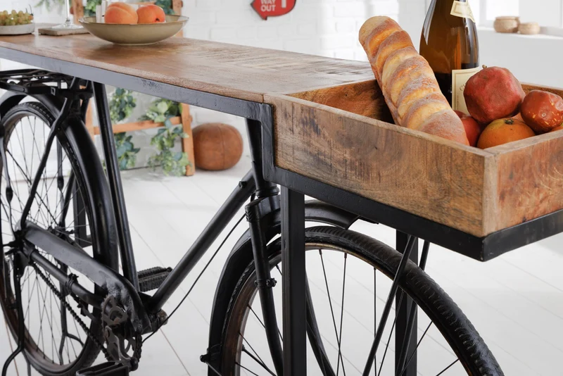 Console rétro BICYCLE 195cm table de bar vélo en bois de manguier upcycling