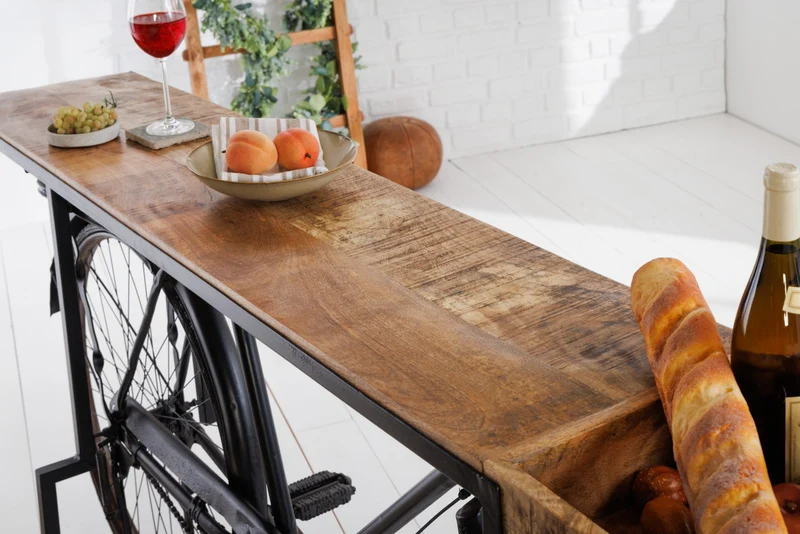 Console rétro BICYCLE 195cm table de bar vélo en bois de manguier upcycling
