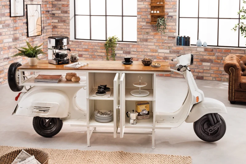 Meuble bar extravagant SCOOTER 250cm blanc rétro console scooter avec bois de manguier upcyclé