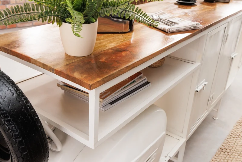 Meuble bar extravagant SCOOTER 250cm blanc rétro console scooter avec bois de manguier upcyclé