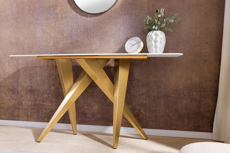 Console design ART LIVING 140cm marbre blanc céramique champagne or brossé