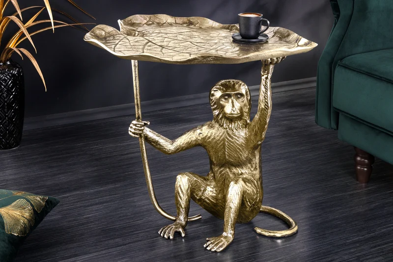 Table d'appoint design WILDLIFE MONKEY 60cm métal doré antique fait main