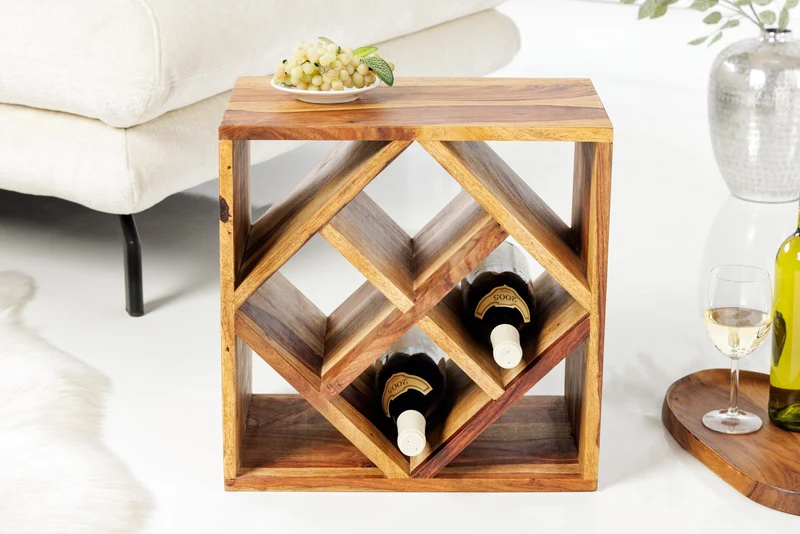 Casier à vin en bois massif CUBUS 40 cm marron finition pierre de Sheesham table d'appoint faite à la main