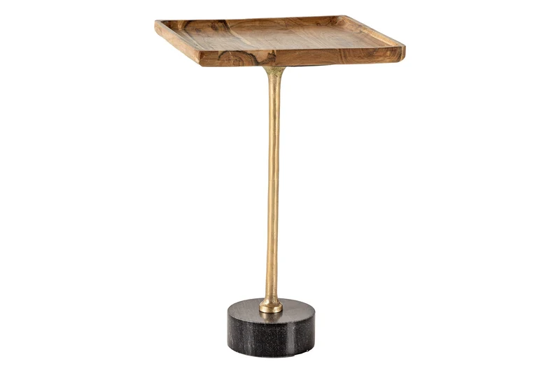 Table d'appoint design TRAYFUL 55cm bois massif d'acacia naturel base marbre noir métal doré