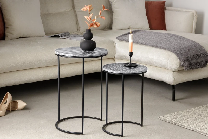 Table d'appoint design ELEMENTS, lot de 2, 40 cm, marbre gris, cadre noir, ronde