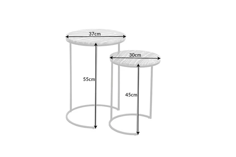 Table d'appoint design ELEMENTS, lot de 2, 40 cm, marbre gris, cadre noir, ronde