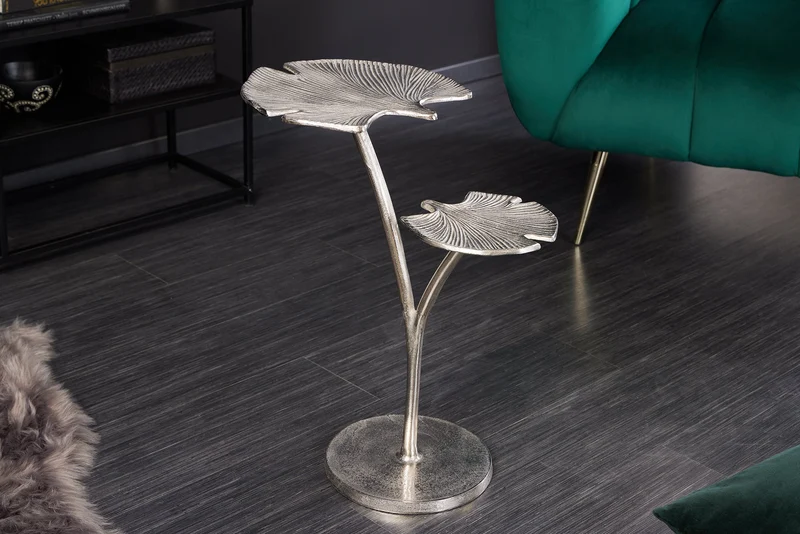 Table d'appoint décorative FEUILLES DE GINKGO 50cm en métal argenté fait main