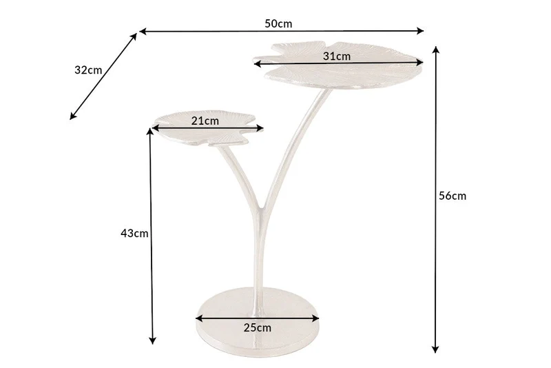 Table d'appoint décorative FEUILLES DE GINKGO 50cm en métal argenté fait main