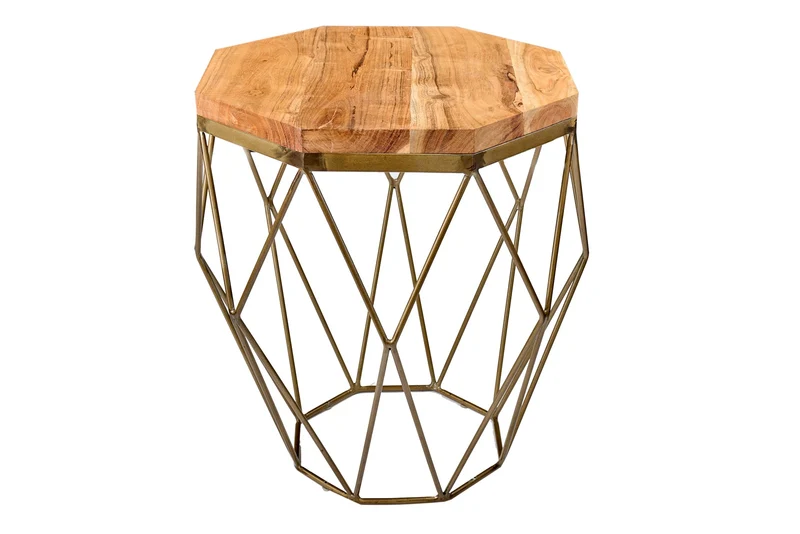 Table d'appoint abstraite DIAMOND 50cm bois massif d'acacia naturel structure métal laiton