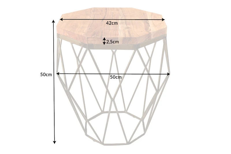 Table d'appoint abstraite DIAMOND 50cm bois massif d'acacia naturel structure métal laiton