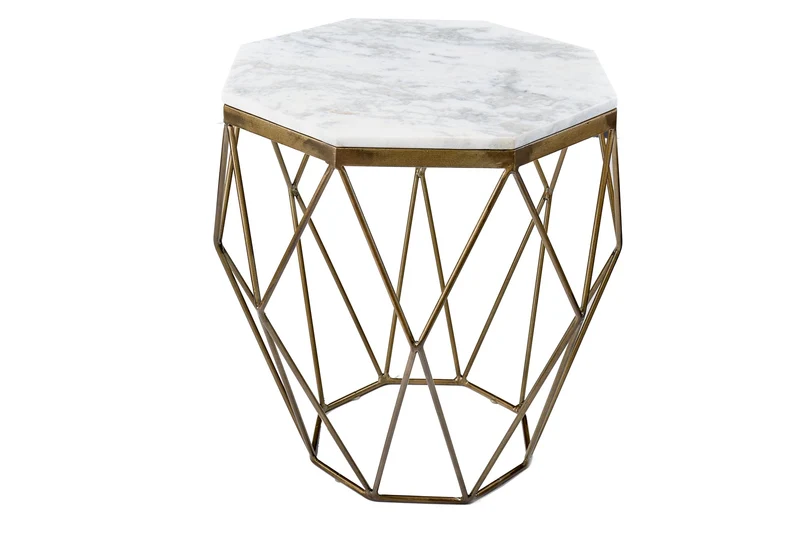 Table d'appoint design DIAMOND 50cm marbre blanc laiton métal