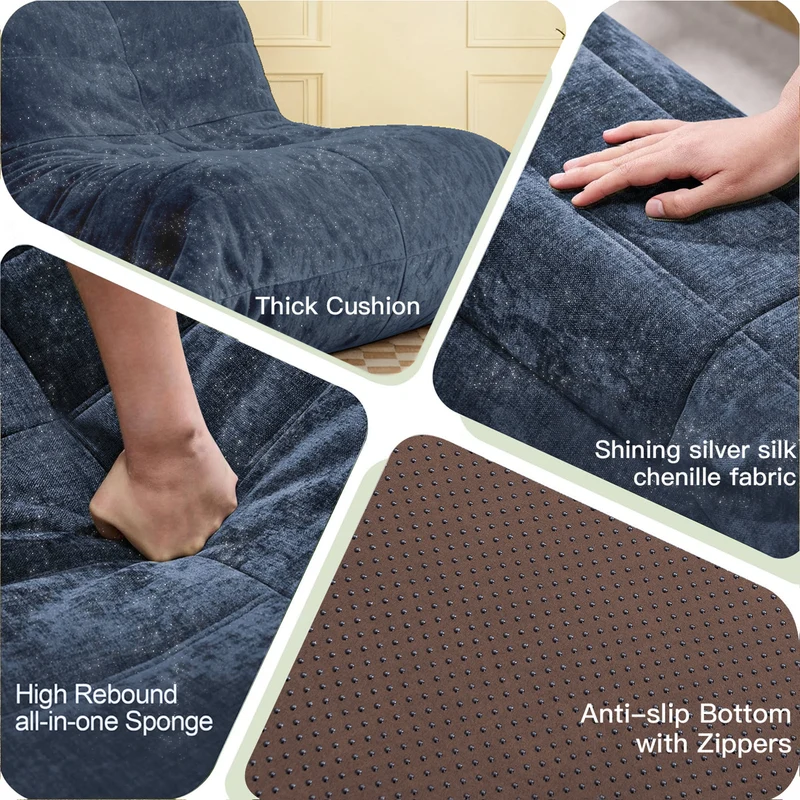 Chauffeuse matelassée chenille bleue pailletée fauteuil de sol 90x100cm CHROMERACK