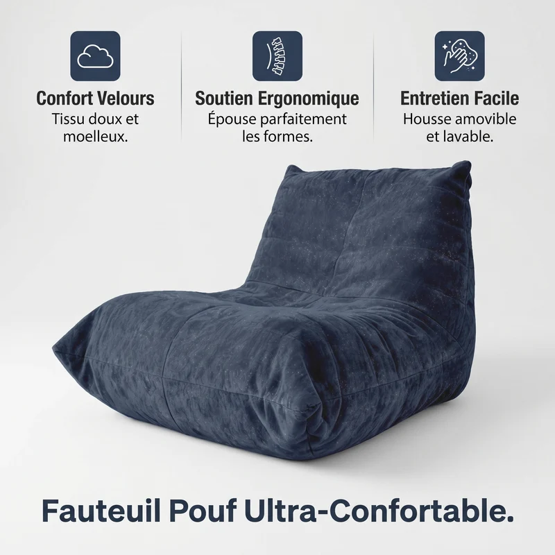 Chauffeuse matelassée chenille bleue pailletée fauteuil de sol 90x100cm CHROMERACK