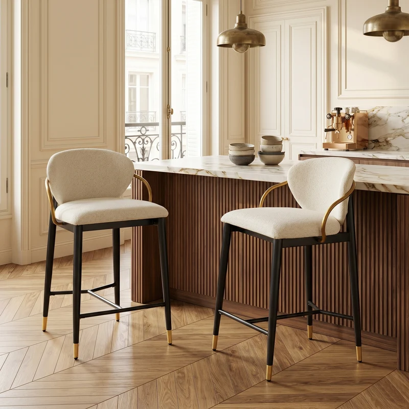 Lot de 2 tabourets de bar en chenille beige accents dorés, avec dossier et repose-pieds CHESTWICKER