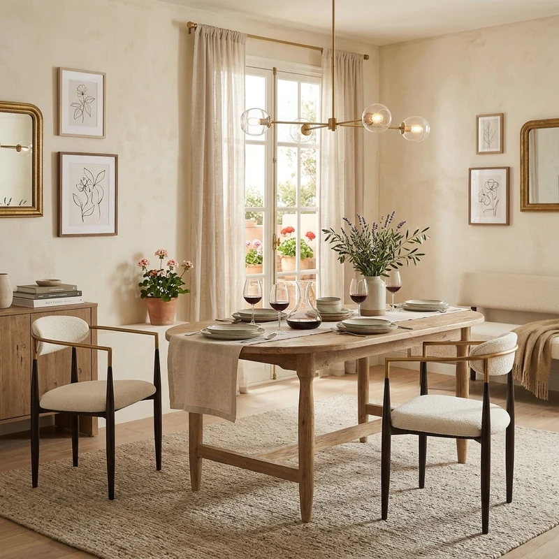 Lot de 2 chaises de salle à manger rétro tissu beige structure métallique noir et doré et accoudoire CLASSICCHAIRHOME