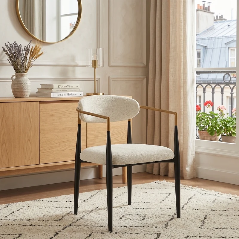 Lot de 2 chaises de salle à manger rétro tissu beige structure métallique noir et doré et accoudoire CLASSICCHAIRHOME