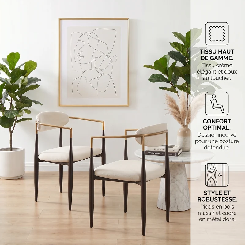 Lot de 2 chaises de salle à manger rétro tissu beige structure métallique noir et doré et accoudoire CLASSICCHAIRHOME