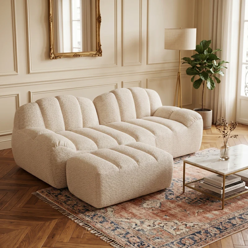 Canapé modulaire 2 places beige blanc avec pouf (effet méridienne), tissu polaire capitonné, sans montage prêt à l'emploi CHESTWALNUT