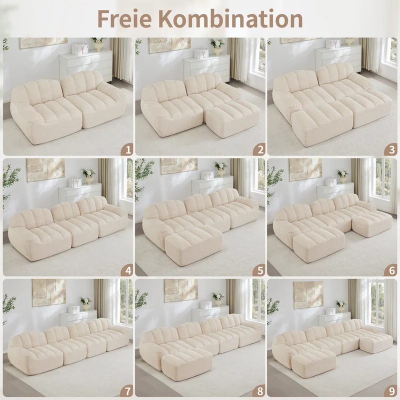 Canapé modulaire 2 places beige blanc avec pouf (effet méridienne), tissu polaire capitonné, sans montage prêt à l'emploi CHESTWALNUT