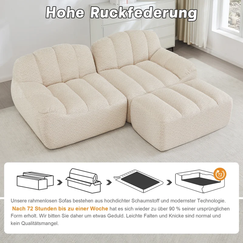 Canapé modulaire 2 places beige blanc avec pouf (effet méridienne), tissu polaire capitonné, sans montage prêt à l'emploi CHESTWALNUT
