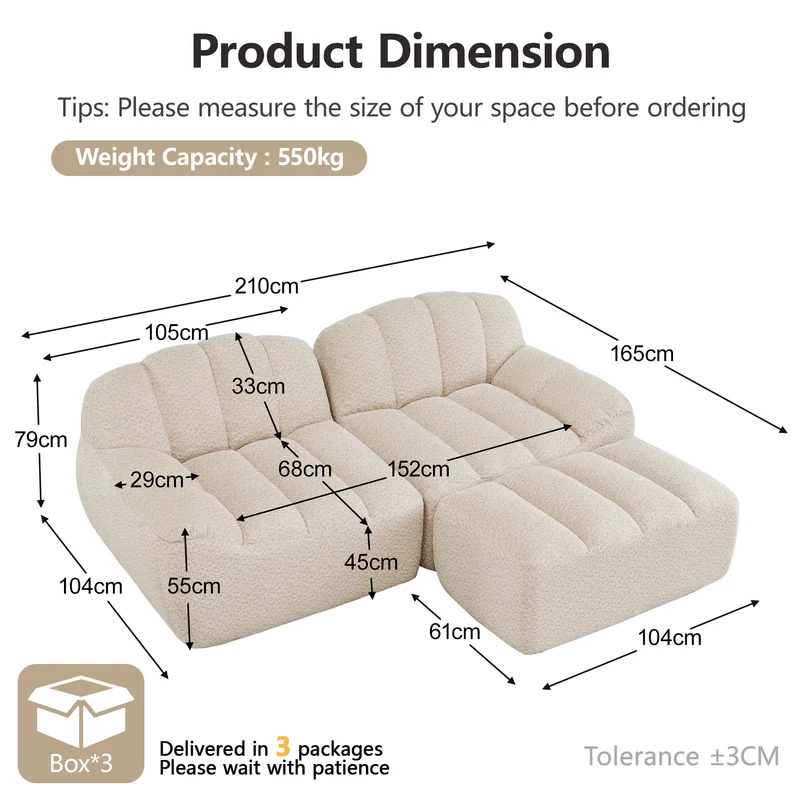 Canapé modulaire 2 places beige blanc avec pouf (effet méridienne), tissu polaire capitonné, sans montage prêt à l'emploi CHESTWALNUT