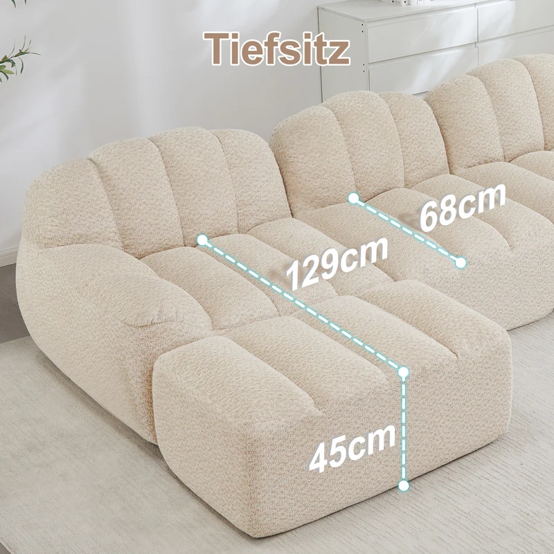 Canapé modulaire 2 places beige blanc avec pouf (effet méridienne), tissu polaire capitonné, sans montage prêt à l'emploi CHESTWALNUT