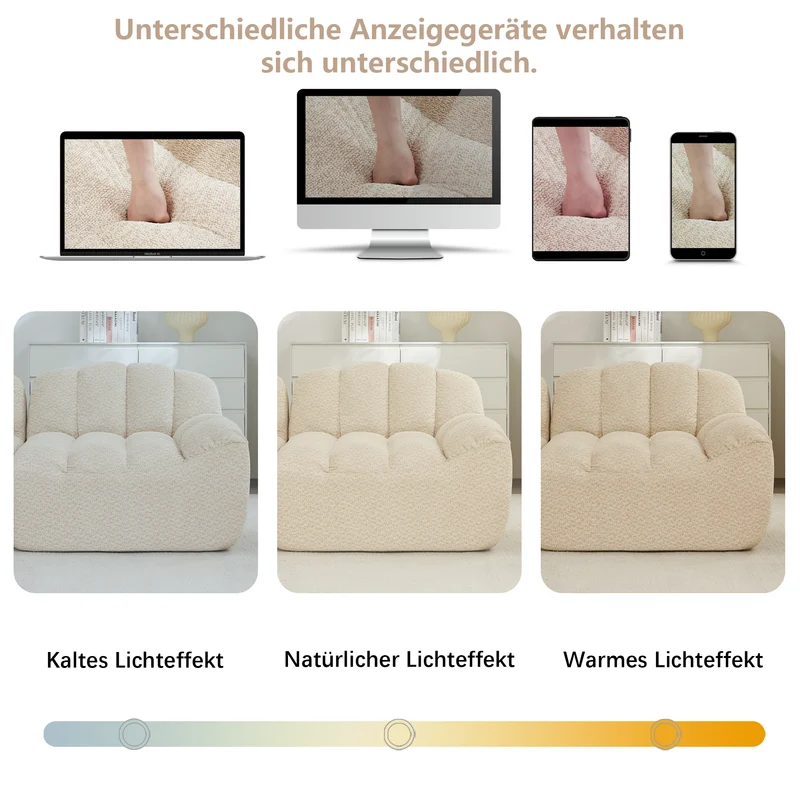 Canapé modulaire 2 places beige blanc avec pouf (effet méridienne), tissu polaire capitonné, sans montage prêt à l'emploi CHESTWALNUT